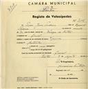 Registo de velocípede com o nº 2108, em nome de Pedro Jesus Pedroso, morador em Lourel.