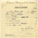 Registo de velocípede de marca Vilar, com o nº 5863, em nome de Júlio Francisco José, morador em Almoçageme.