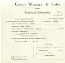 Registo de velocípede com o nº 9028, em nome de José Dâmaso Veríssimo, morador em Cacém.