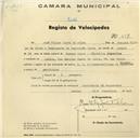 Registo de velocípede de marca L.R.S., com o nº 557, em nome de José Filipe Costa da Silva, morador na Rua Marechal Gomes da Costa, Queluz.