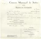 Registo de velocípede de marca Nick-Vitória, com o nº 9102, em nome de Vítor José Névoa, morador em Sintra.