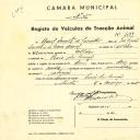 Registo de um veiculo de duas rodas tirado por dois animais de espécie muar destinado a transporte de mercadorias em nome de Raul Duarte de Carvalho, morador na Praia das Maçãs.