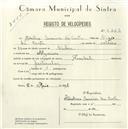 Registo de velocípede de marca Pombal, com o nº 5223, em nome de Adelino Saraiva da Costa, morador em Algueirão.