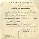 Registo de velocípede de marca Cycles Pombal, com o nº 3850, em nome de Eduardo Duarte Pedroso, morador em Vale de Lobos.