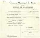 Registo de velocípede de marca Império, com o nº 9340, em nome de Augusto Simões Dionísio, morador em Belas.