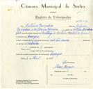 Registo de velocípede com o nº 8756, em nome de António Gonçalves, morador em Carenque.