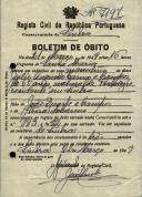 Boletim de óbito de Júlio Augusto Carmo e Campos, morador em Sintra, sepultado no coval nº 7197, do cemitério de S. Marçal.