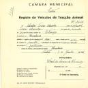 Registo de um veiculo de duas rodas tirado por um animal de espécie asinina destinado a transporte de mercadorias em nome de Ubaldo Soares Almeida, morador na Abrunheira.