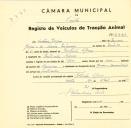 Registo de um veiculo de duas rodas tirado por um animal de espécie asinina destinado a transporte de mercadorias em nome de António Gaspar, morador no Coutinho Afonso.