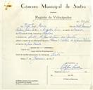 Registo de velocípede de marca Famel, com o nº 9526, em nome de Vítor José Névoa, morador em Rua José Antunes dos Santos, Sintra.