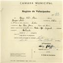 Registo de velocípede de marca Flecha, com o nº 2682, em nome de Rodrigo Estrela Aleixo, morador em Rua Elias Garcia, Cacém de Baixo.
