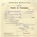 Registo de velocípede de marca Deka, com o nº 3687, em nome de Alberto dos Santos Reis, morador em Cacém.