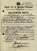 Boletim de óbito de Teresa Oliveira Talagão Nunes, moradora em Sintra, sepultada no coval nº 7153, do cemitério de S. Marçal.