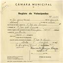 Registo de velocípede de marca Champion, com o nº 4199, em nome de Rui Manuel Caracol, morador em S. João das Lampas.