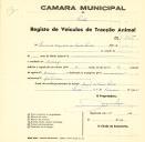 Registo de um veiculo de duas rodas tirado por dois animais de espécie bovina destinado a transporte de mercadorias em nome de Sociedade Agrícola da Fonte Santa, sediada em Adabeja.