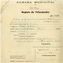 Registo de velocípede de marca Sirius, com o nº 2084, em nome de Maria de Lourdes L. Nunes da Costa, moradora em Várzea de Colares.