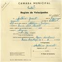 Registo de velocípede com o nº 1881, em nome de António Jacinto, morador em Praia das Maçãs.