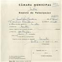 Registo de velocípede com o nº 4377, em nome de Manuel Pedro Bandarra, morador em Sacotes.