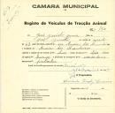 Registo de um veiculo de duas rodas tirado por dois animais de espécie bovina destinado a transporte de mercadorias em nome de José Jacinto Júnior, morador no Arneiro dos Marinheiros.