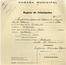 Registo de velocípede de marca Gazela, com o nº 639, em nome de Simpliciano Alexandre Vitorino, morador em Fontanelas.
