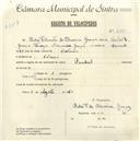 Registo de velocípede de marca Pombal, com o nº 4781, em nome de Pedro Fortunato de Oliveira Graça, morador em Colares.