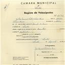 Registo de velocípede de marca Oriental, com o nº 2683, em nome de João Manuel Vital Torres, morador em Sintra.