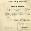 Registo de velocípede de marca Elgin, com o nº 94, em nome de António Gregório Bertolo, morador em Rebanque.