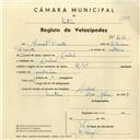Registo de velocípede de marca R.P., com o nº 4237, em nome de Manuel Duarte, morador em Linhó.