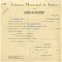 Registo de velocípede de marca Oriental, com o nº 6196, em nome de Manuel dos Reis, morador em Rua dos Combatentes da Grande Guerra nº 27, Belas.