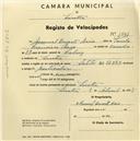 Registo de velocípede de marca Saltley, com o nº 1507, em nome de Manuel Duarte Raio, morador em Sintra.