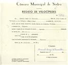 Registo de velocípede com o nº 9272, em nome de Manuel Lage de Carvalho, morador em Colares.