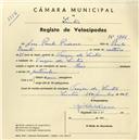 Registo de velocípede de marca Raio, com o nº 3716, em nome de José Paulo Pedroso, morador em Várzea de Sintra.