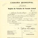 Registo de um veiculo de duas rodas tirado por um animal de espécie muar destinado a transporte de mercadorias em nome de Alfredo Simões Alipio, morador em Vila Verde.