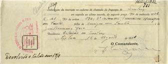 Ofício dirigido ao Administrador do Concelho de Sintra, proveniente do Comandante do Regimento de Sapadores dos Caminhos de Ferro, solicitando a inscrição no caderno de chamada da freguesia de Queluz, do soldado Francisco Henrique dos Santos, morador na estação de Queluz.