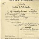 Registo de velocípede de marca Origan, com o nº 4348, em nome de Fernando Moncado, morador em Mem Martins.