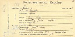 Recenseamento escolar de Eduardo Nunes, filho de Joaquim Nunes, morador no Vinagre.
