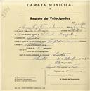 Registo de velocípede de marca Champion, com o nº 1621, em nome de Maria Luísa Faria e Maia, moradora em Sintra.