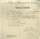 Registo de velocípede de marca Famel, com o nº 8429, em nome de Vítor José Névoa, morador em Rua José Antunes dos Santos, Sintra.