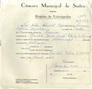 Registo de velocípede de marca Nacional, com o nº 8999, em nome de José Artur Chinita Cagarelho, morador em Rinchoa.