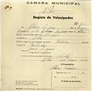 Registo de velocípede de marca Bottechia, com o nº 276, em nome de Albino Cardoso, morador em Sintra.