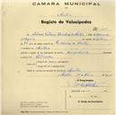 Registo de velocípede com o nº 450, em nome de Silvano Teotónio Brochado dos Santos, morador em Sintra.