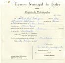 Registo de velocípede com o nº 8693, em nome de Filipe José Rodrigues, morador em D. Maria.