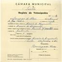 Registo de velocípede de marca Caravela com motor, com o nº 5568, em nome de Domingos da Rosa, morador em Arneiro da Arreganha.