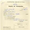 Registo de velocípede de marca Soltex, com o nº 3782, em nome de José Augusto., morador em Colares.