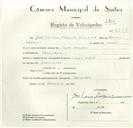 Registo de velocípede de marca Cicles Frade, com o nº 8649, em nome de José Luciano Marques Quaresma, morador em Terrugem.