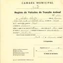 Registo de um veiculo de duas rodas tirado por dois animais de espécie asinina destinado a transporte de mercadorias em nome de António Sebastião, morador em Palmeiros.