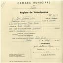 Registo de velocípede com o nº 1633, em nome de José António Pires, morador em Vila Verde.