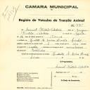 Registo de um veiculo de duas rodas tirado por um animal de espécie cavalar destinado a transporte de mercadorias em nome de Manuel Furtado Cabeleira, morador na Quinta de Mina Arvela no Linhó.