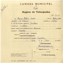 Registo de velocípede com o nº 3019, em nome de Joaquim António Matias, morador em Montelavar.