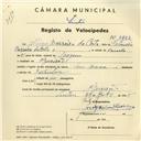 Registo de velocípede com o nº 3822, em nome de Albino Barreira da Costa, morador em Algueirão.